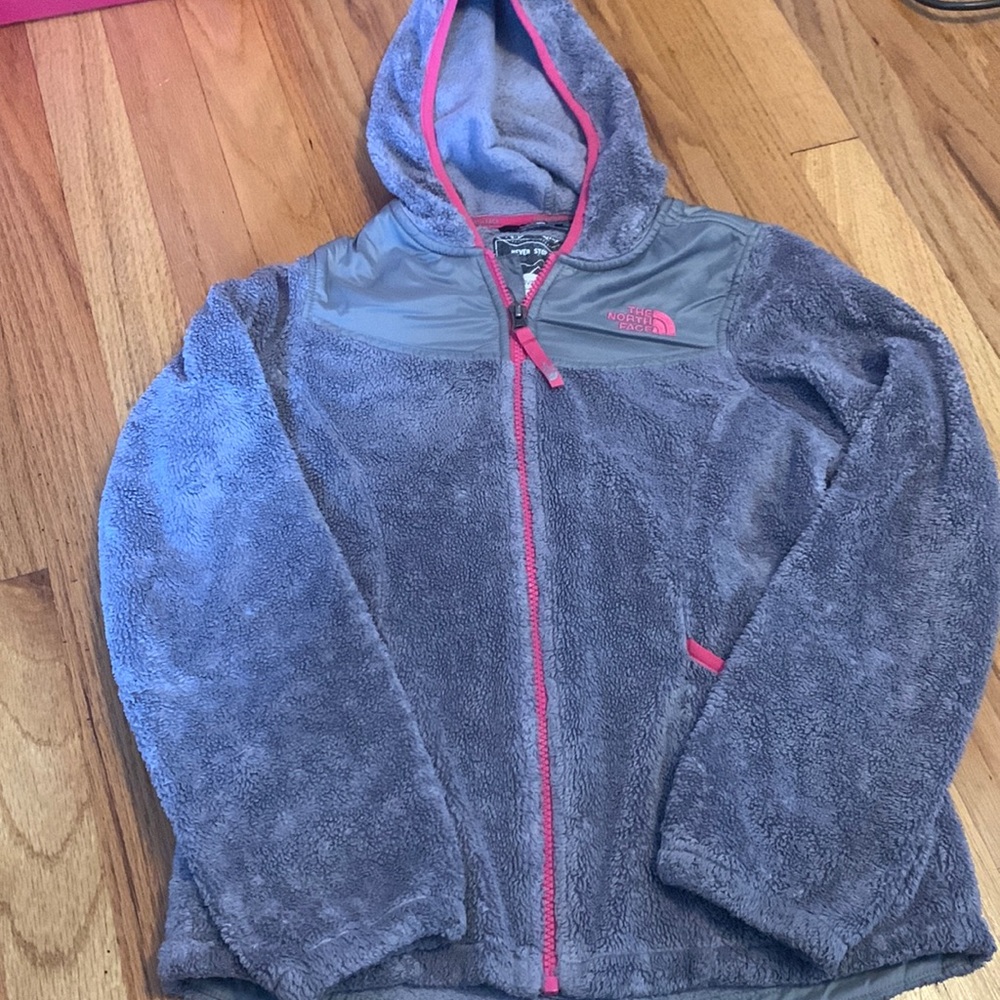 North face girls fleece zip up jacket hoodie medium 10-12 gray pink so soft!